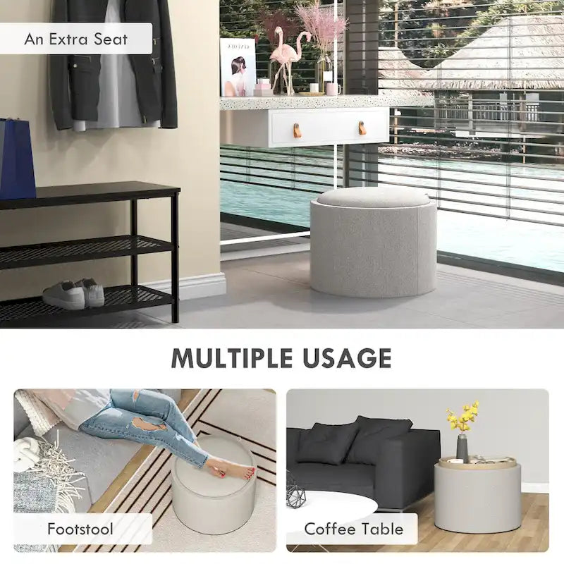 Table basse ottomane de rangement ronde avec plateau de service réversible, Gris