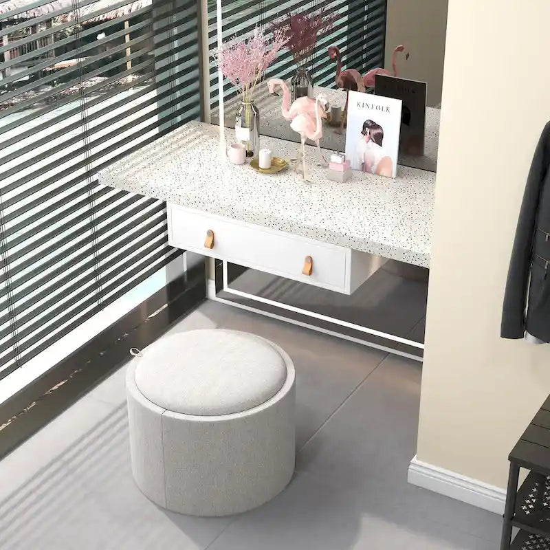Table basse ottomane de rangement ronde avec plateau de service réversible, Gris