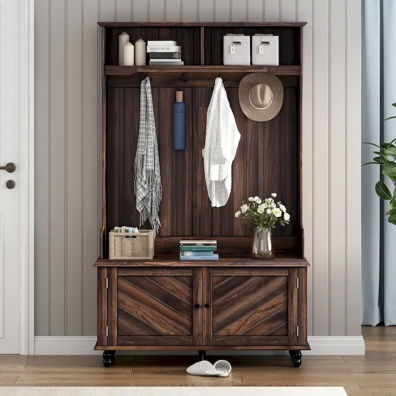 Porte-manteau moderne, banc d'entrée avec 2 étagères de rangement ouvertes, 4 patères doubles métalliques, pour entrée et couloir