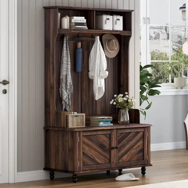 Porte-manteau moderne, banc d'entrée avec 2 étagères de rangement ouvertes, 4 patères doubles métalliques, pour entrée et couloir