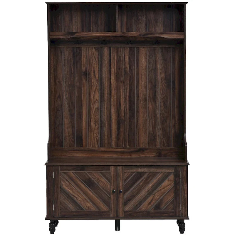 Porte-manteau moderne, banc d'entrée avec 2 étagères de rangement ouvertes, 4 patères doubles métalliques, pour entrée et couloir