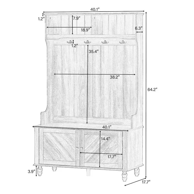 Porte-manteau moderne, banc d'entrée avec 2 étagères de rangement ouvertes, 4 patères doubles métalliques, pour entrée et couloir
