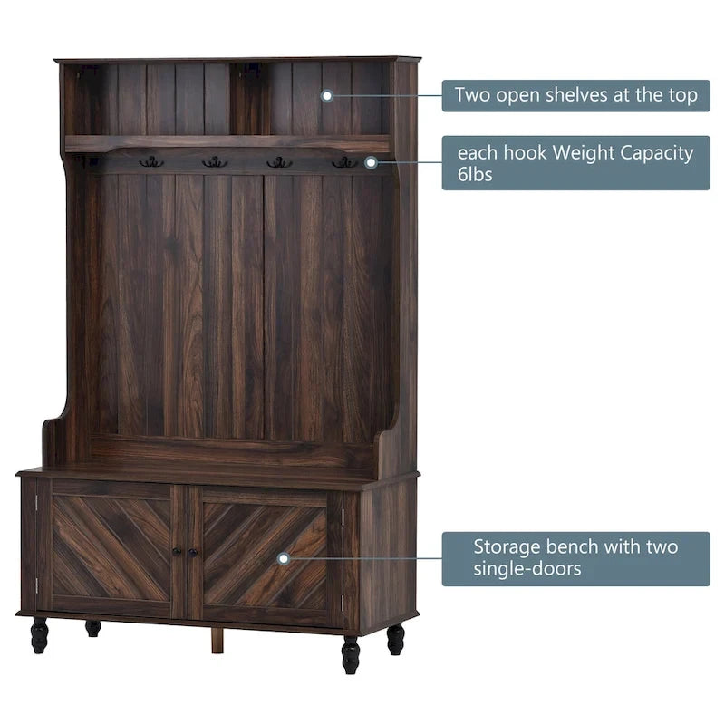 Porte-manteau moderne, banc d'entrée avec 2 étagères de rangement ouvertes, 4 patères doubles métalliques, pour entrée et couloir