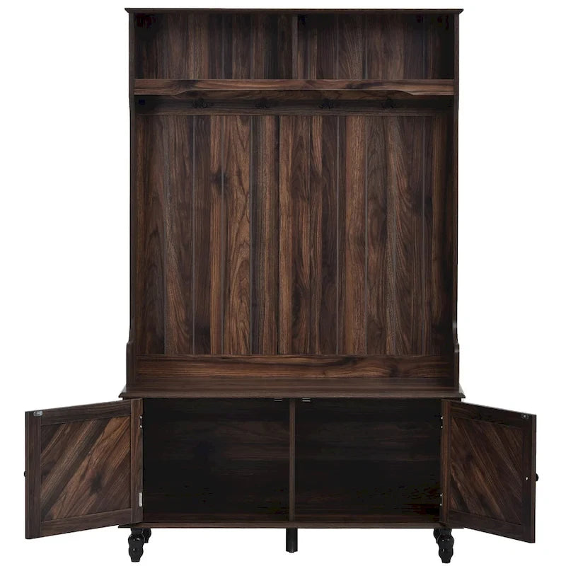 Porte-manteau moderne, banc d'entrée avec 2 étagères de rangement ouvertes, 4 patères doubles métalliques, pour entrée et couloir