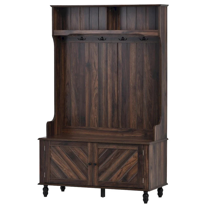 Porte-manteau moderne, banc d'entrée avec 2 étagères de rangement ouvertes, 4 patères doubles métalliques, pour entrée et couloir