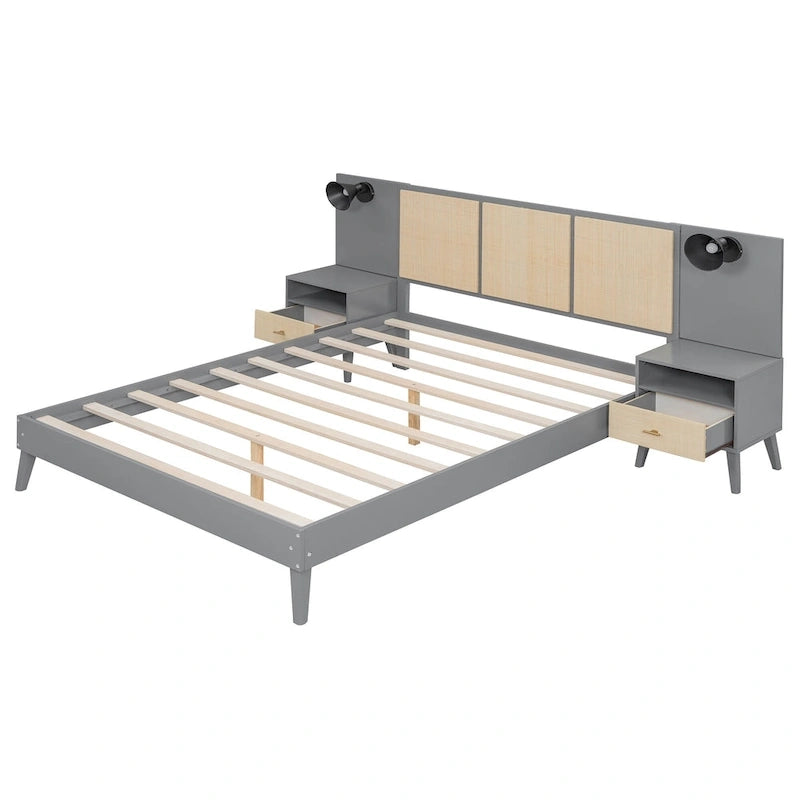 Lit plateforme Queen en bois massif avec tables de chevet et lampes de tête de lit