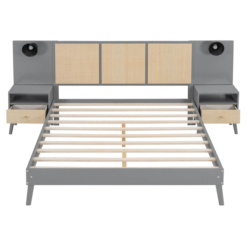 Lit plateforme Queen en bois massif avec tables de chevet et lampes de tête de lit