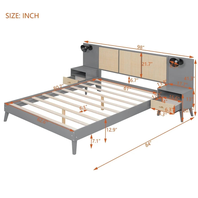 Lit plateforme Queen en bois massif avec tables de chevet et lampes de tête de lit