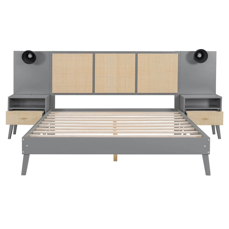 Lit plateforme Queen en bois massif avec tables de chevet et lampes de tête de lit