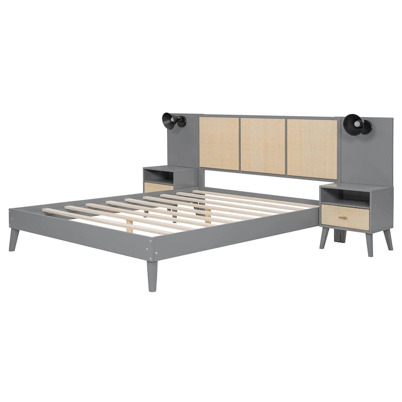 Lit plateforme Queen en bois massif avec tables de chevet et lampes de tête de lit