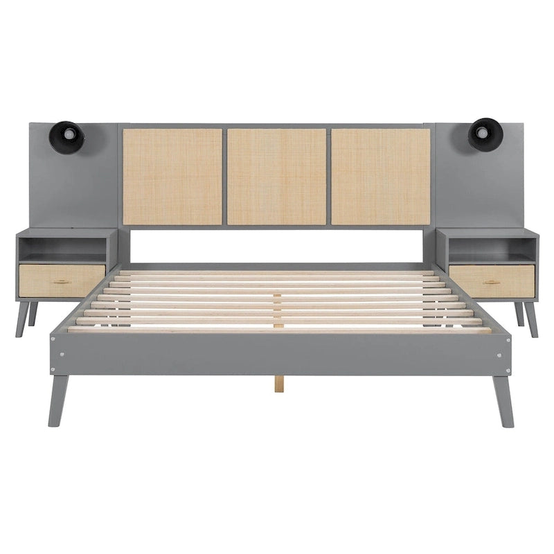Lit plateforme Queen en bois massif avec tables de chevet et lampes de tête de lit