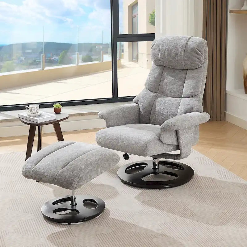 Fauteuil inclinable pivotant de massage chauffant avec pouf, dossier réglable et télécommande, en tissu chenille