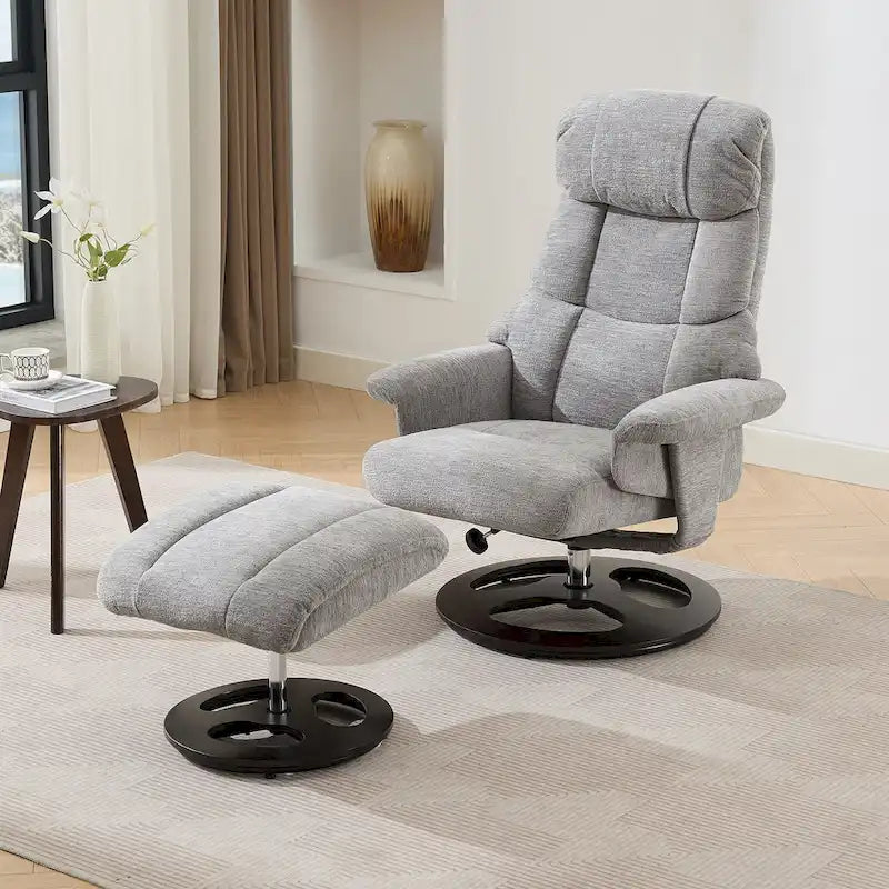 Fauteuil inclinable pivotant de massage chauffant avec pouf, dossier réglable et télécommande, en tissu chenille