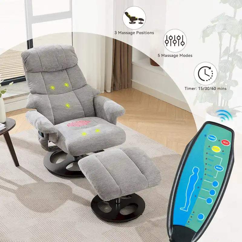 Fauteuil inclinable pivotant de massage chauffant avec pouf, dossier réglable et télécommande, en tissu chenille