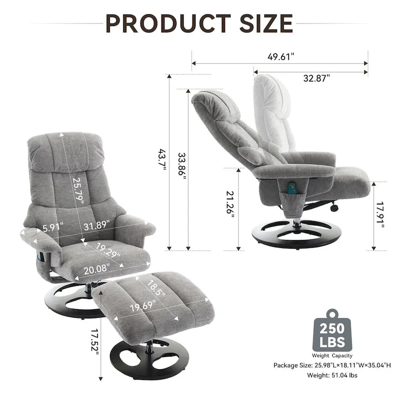 Fauteuil inclinable pivotant de massage chauffant avec pouf, dossier réglable et télécommande, en tissu chenille