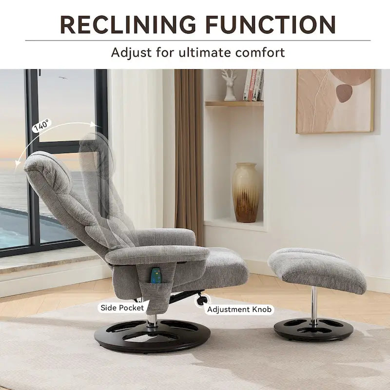 Fauteuil inclinable pivotant de massage chauffant avec pouf, dossier réglable et télécommande, en tissu chenille