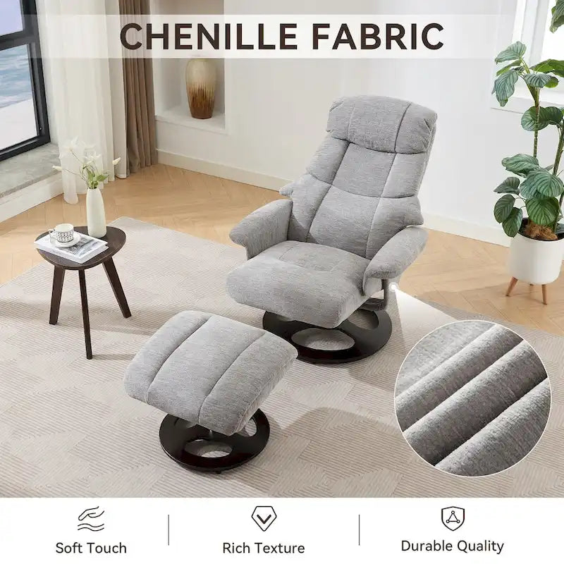 Fauteuil inclinable pivotant de massage chauffant avec pouf, dossier réglable et télécommande, en tissu chenille