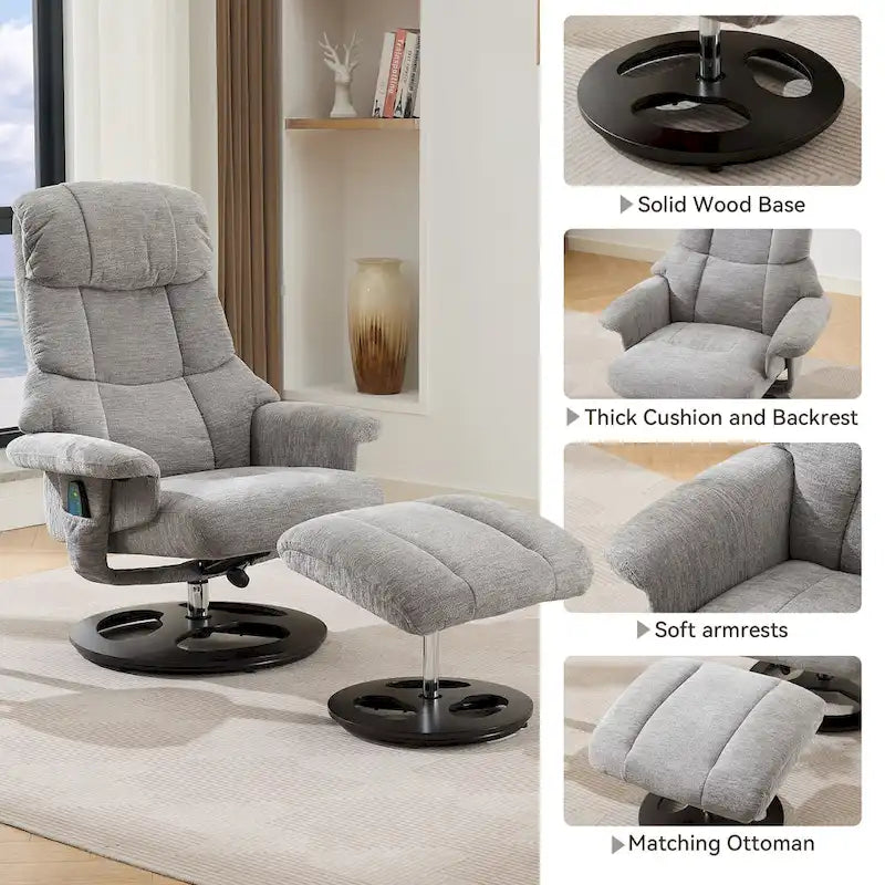 Fauteuil inclinable pivotant de massage chauffant avec pouf, dossier réglable et télécommande, en tissu chenille