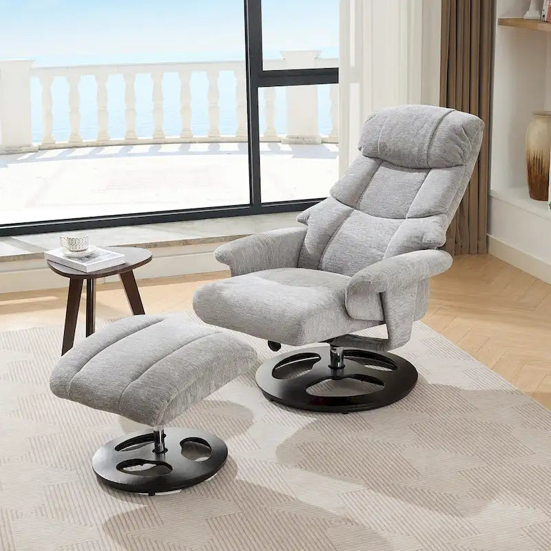 Fauteuil inclinable pivotant de massage chauffant avec pouf, dossier réglable et télécommande, en tissu chenille
