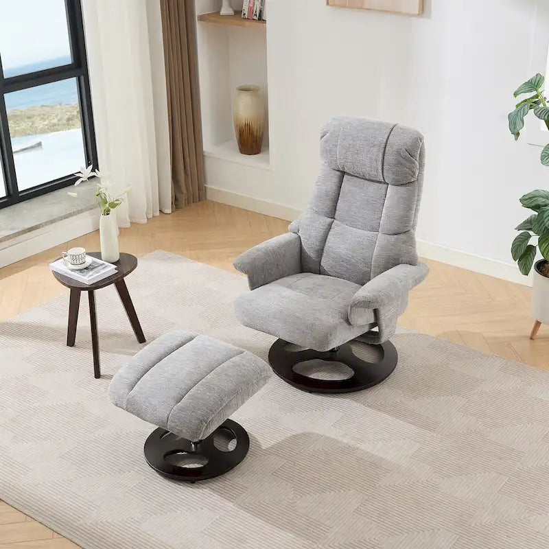 Fauteuil inclinable pivotant de massage chauffant avec pouf, dossier réglable et télécommande, en tissu chenille