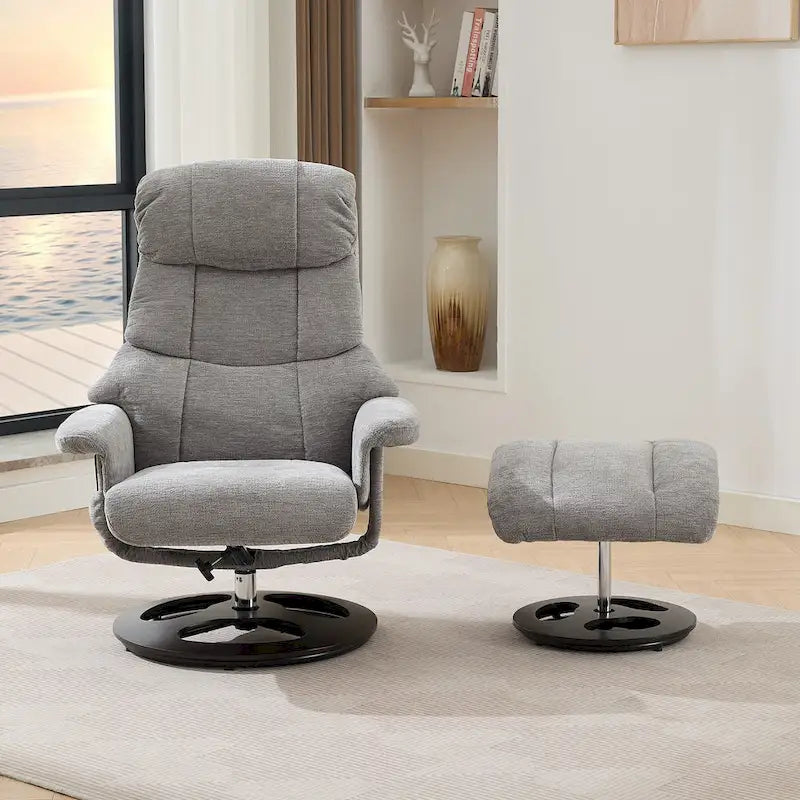 Fauteuil inclinable pivotant de massage chauffant avec pouf, dossier réglable et télécommande, en tissu chenille