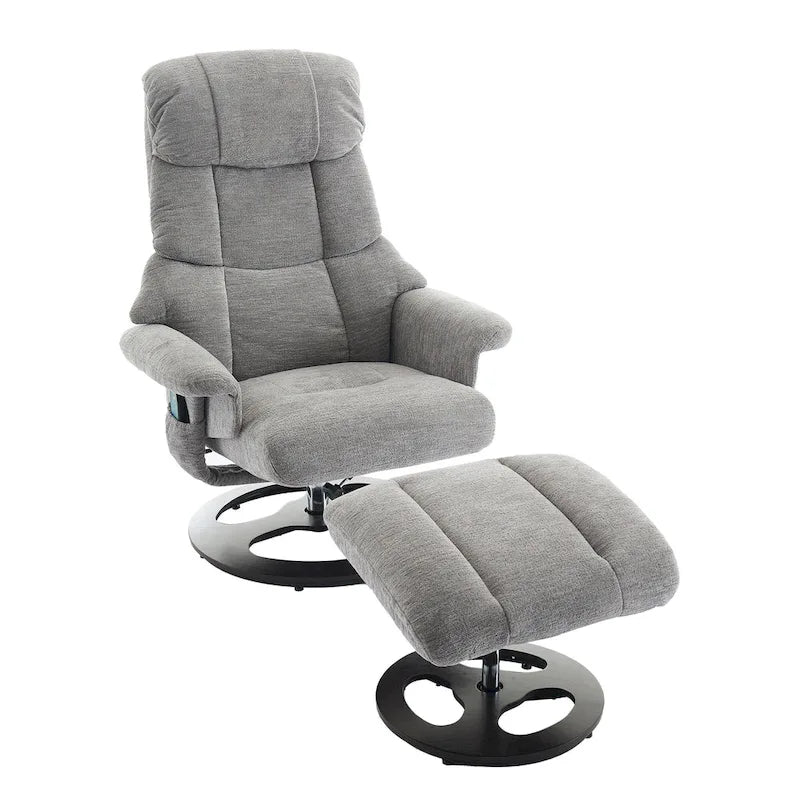 Fauteuil inclinable pivotant de massage chauffant avec pouf, dossier réglable et télécommande, en tissu chenille