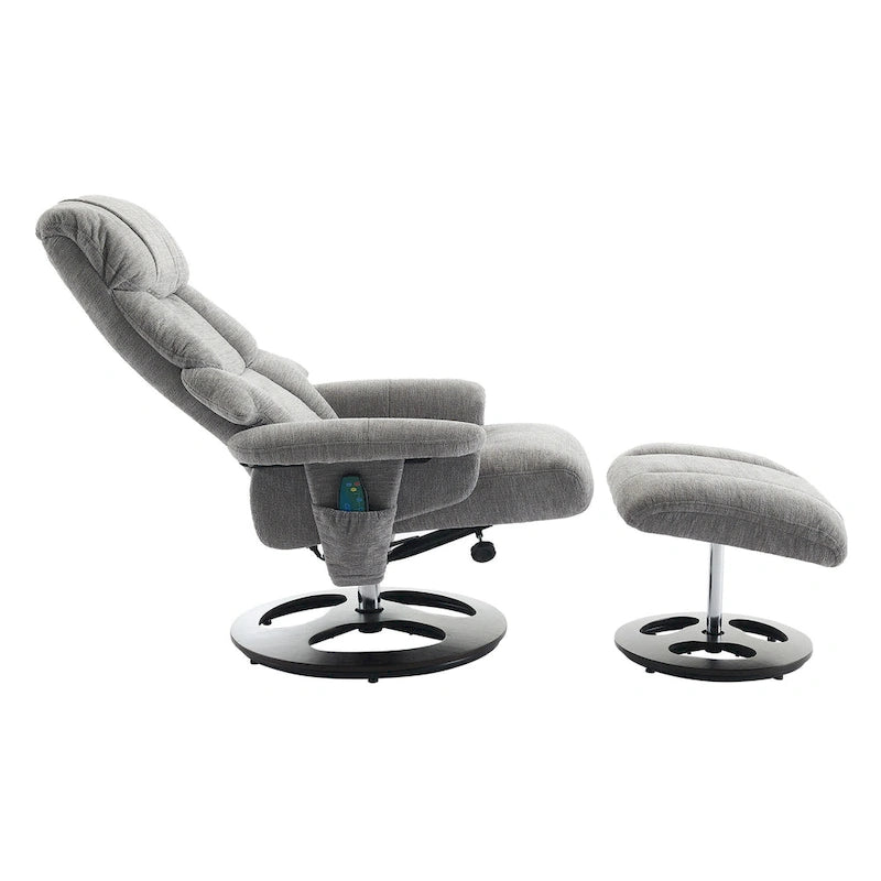 Fauteuil inclinable pivotant de massage chauffant avec pouf, dossier réglable et télécommande, en tissu chenille