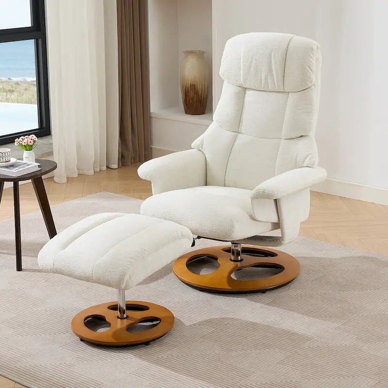 Fauteuil inclinable pivotant de massage chauffant avec pouf, dossier réglable et télécommande, en tissu chenille