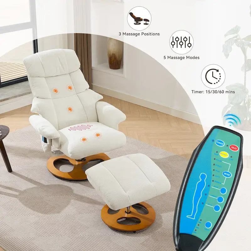 Fauteuil inclinable pivotant de massage chauffant avec pouf, dossier réglable et télécommande, en tissu chenille