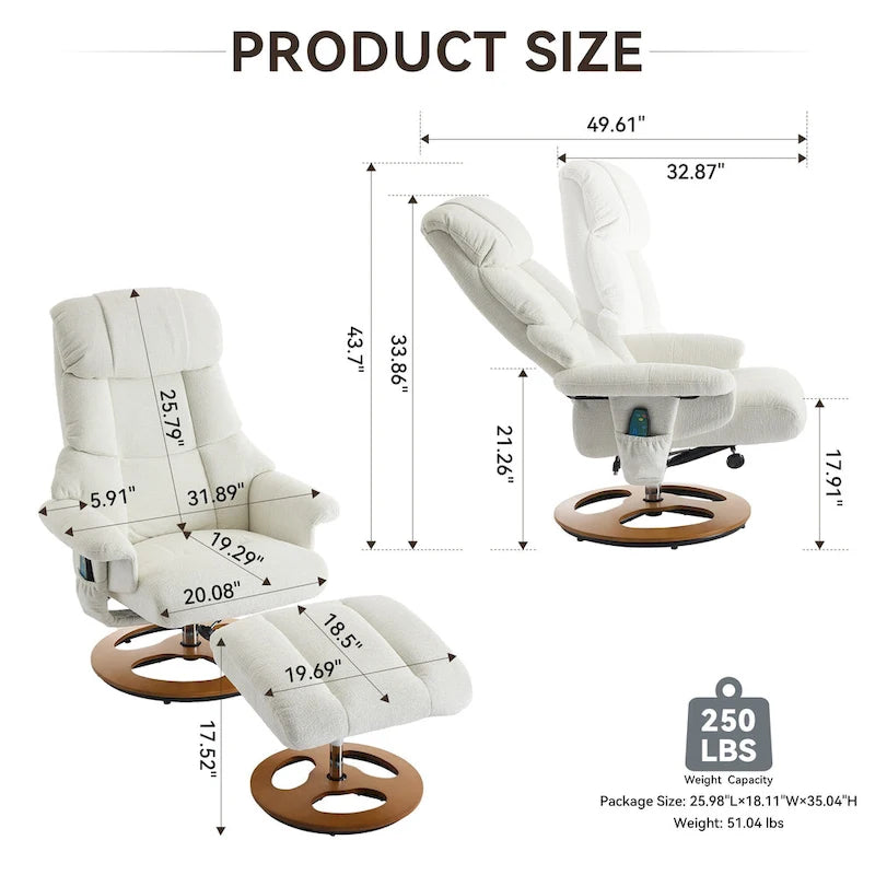 Fauteuil inclinable pivotant de massage chauffant avec pouf, dossier réglable et télécommande, en tissu chenille
