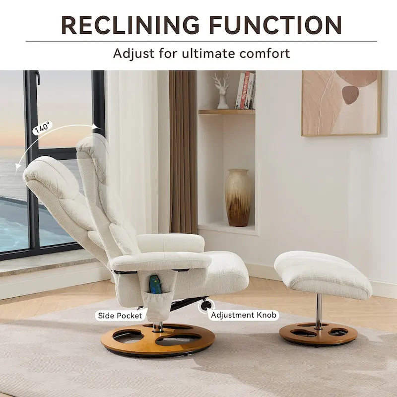 Fauteuil inclinable pivotant de massage chauffant avec pouf, dossier réglable et télécommande, en tissu chenille