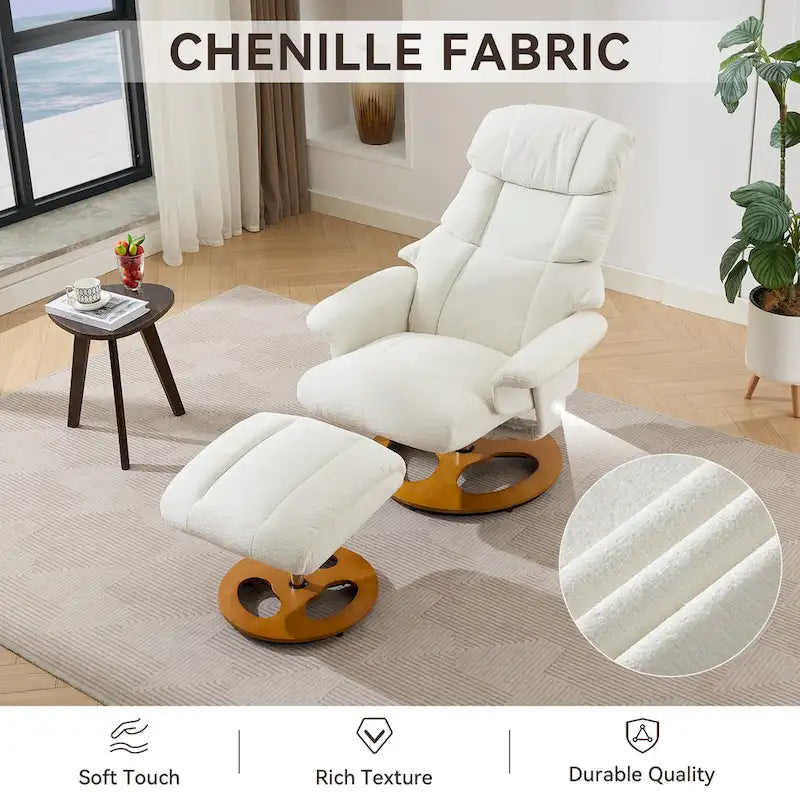 Fauteuil inclinable pivotant de massage chauffant avec pouf, dossier réglable et télécommande, en tissu chenille