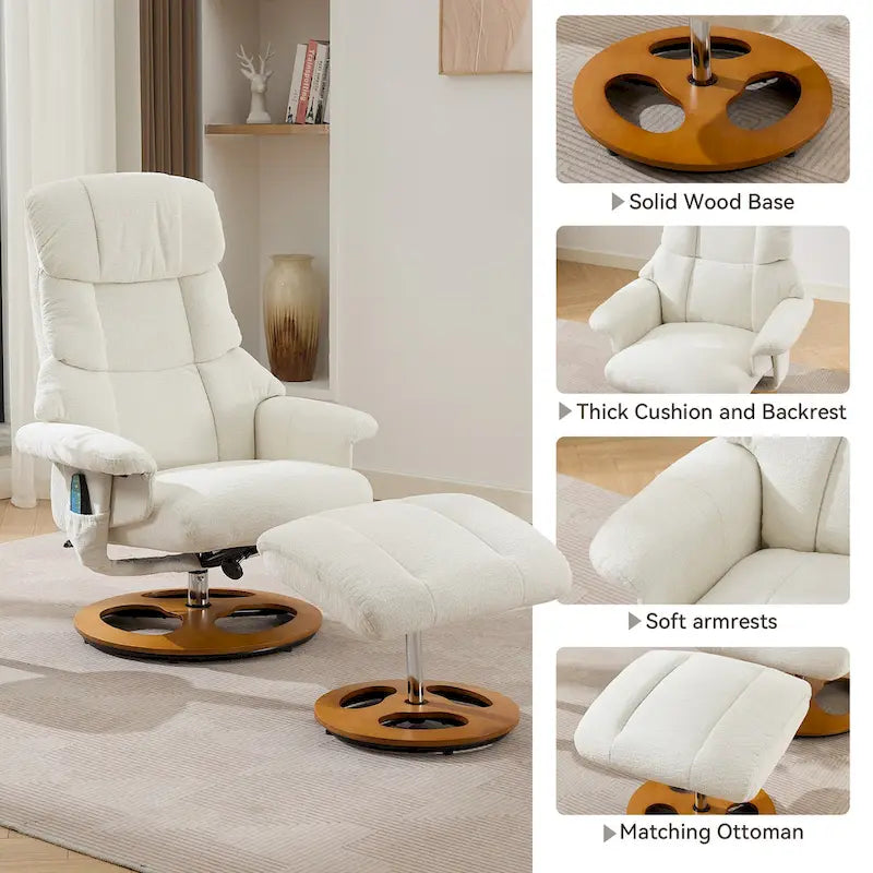 Fauteuil inclinable pivotant de massage chauffant avec pouf, dossier réglable et télécommande, en tissu chenille