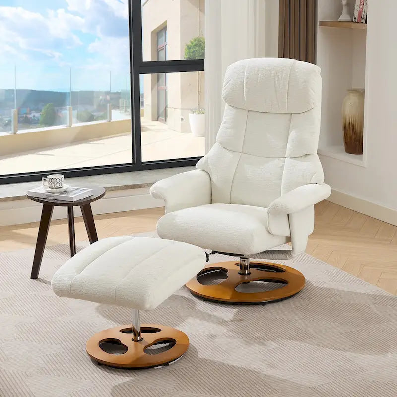 Fauteuil inclinable pivotant de massage chauffant avec pouf, dossier réglable et télécommande, en tissu chenille