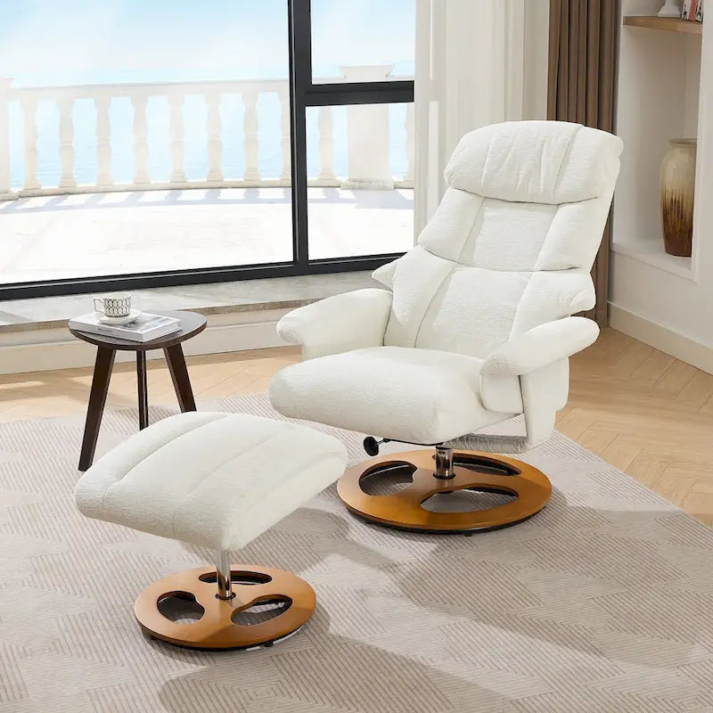 Fauteuil inclinable pivotant de massage chauffant avec pouf, dossier réglable et télécommande, en tissu chenille