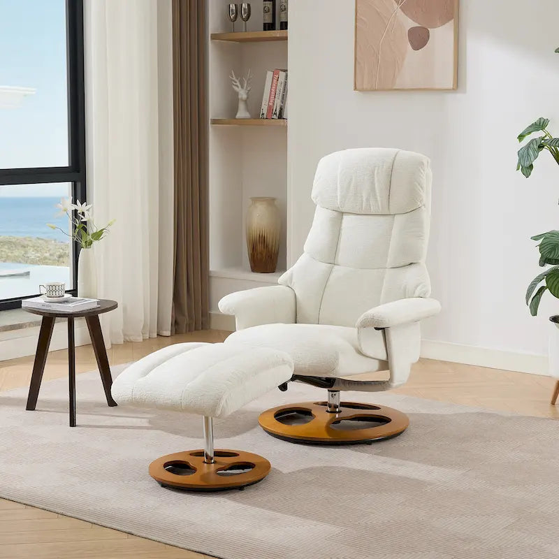 Fauteuil inclinable pivotant de massage chauffant avec pouf, dossier réglable et télécommande, en tissu chenille