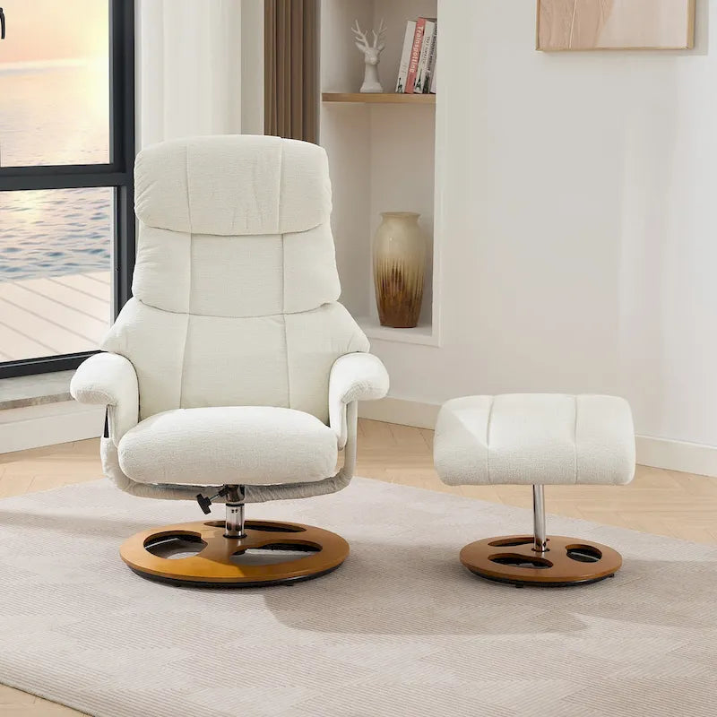 Fauteuil inclinable pivotant de massage chauffant avec pouf, dossier réglable et télécommande, en tissu chenille