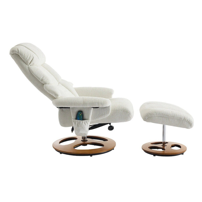 Fauteuil inclinable pivotant de massage chauffant avec pouf, dossier réglable et télécommande, en tissu chenille