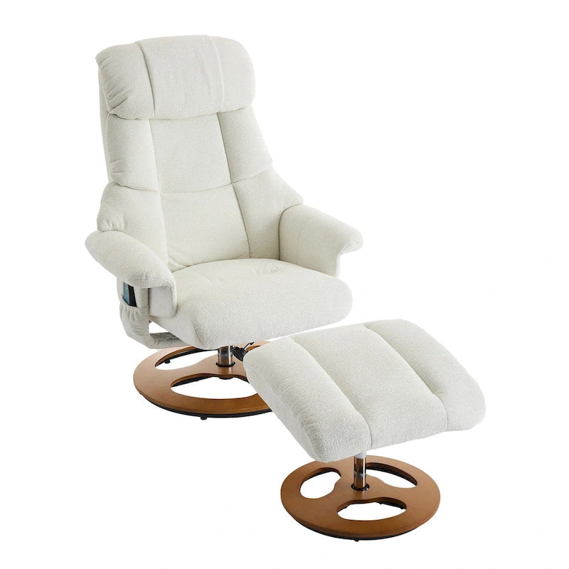 Fauteuil inclinable pivotant de massage chauffant avec pouf, dossier réglable et télécommande, en tissu chenille