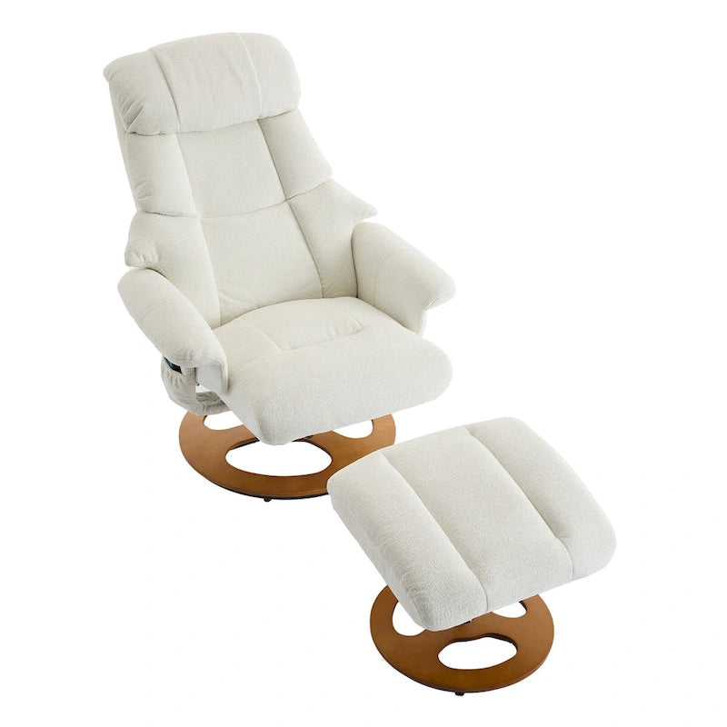 Fauteuil inclinable pivotant de massage chauffant avec pouf, dossier réglable et télécommande, en tissu chenille
