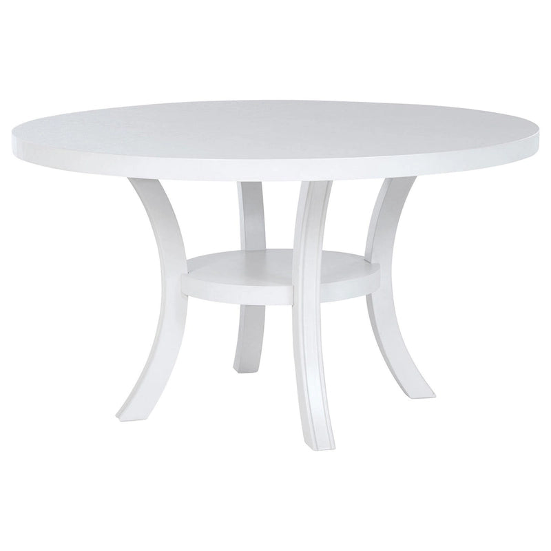 Table à manger ronde avec étagère et pieds évasés, bois blanc 54 pouces