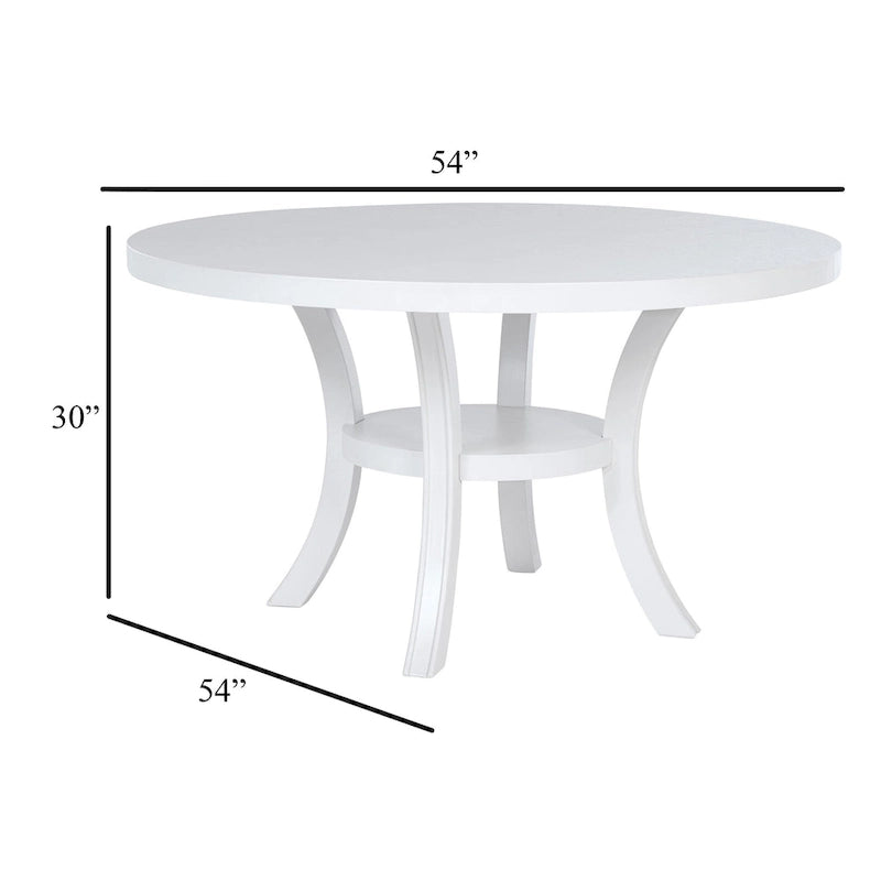 Table à manger ronde avec étagère et pieds évasés, bois blanc 54 pouces