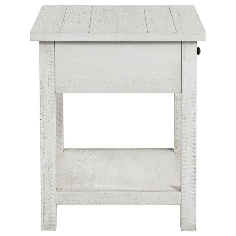 Table d'appoint, 1 tiroir, bois blanc vieilli, carrée 50,8 cm