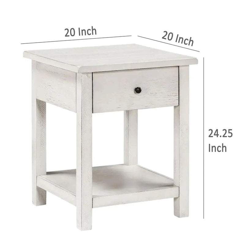 Table d'appoint, 1 tiroir, bois blanc vieilli, carrée 50,8 cm