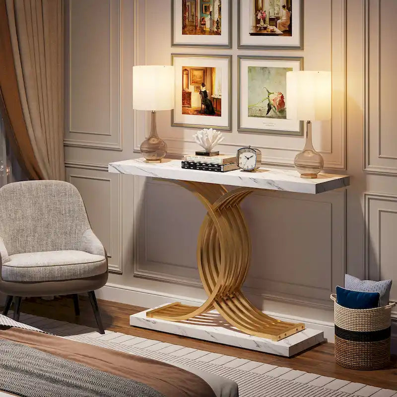 40 Table Console Moderne, Table d'Entrée en Faux Marbre pour Foyer