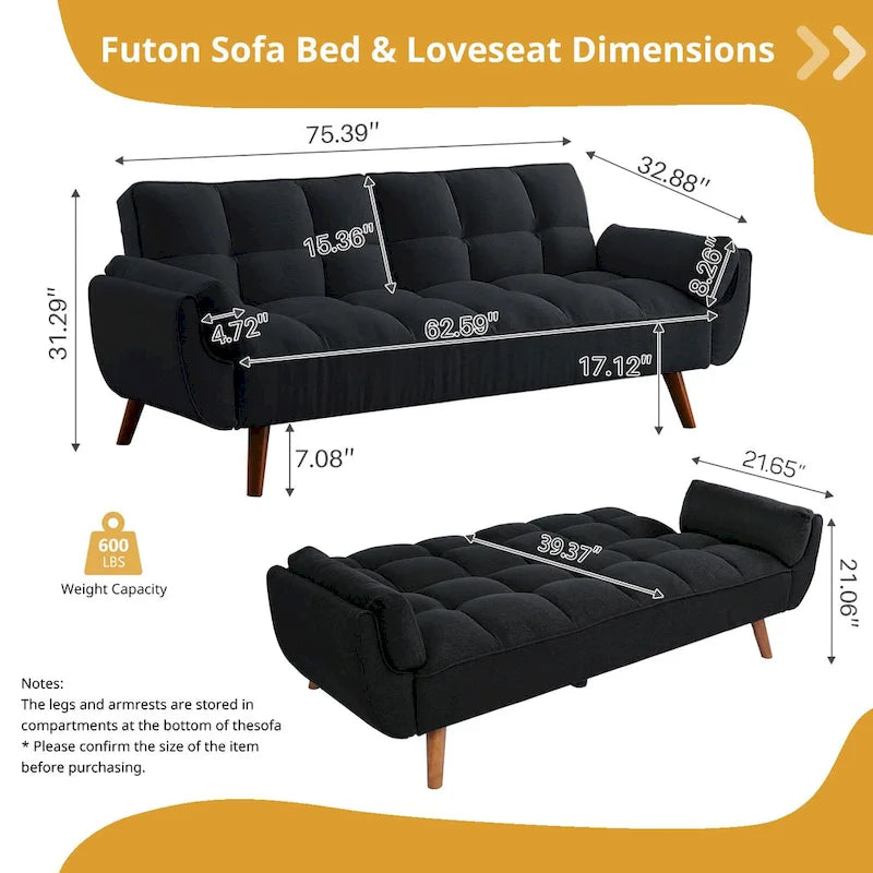 Canapé-Lit Futon 75.39 POUCES, Canapé-Lit Convertible Rembourré avec Dossier Inclinable Tufté et Divisé