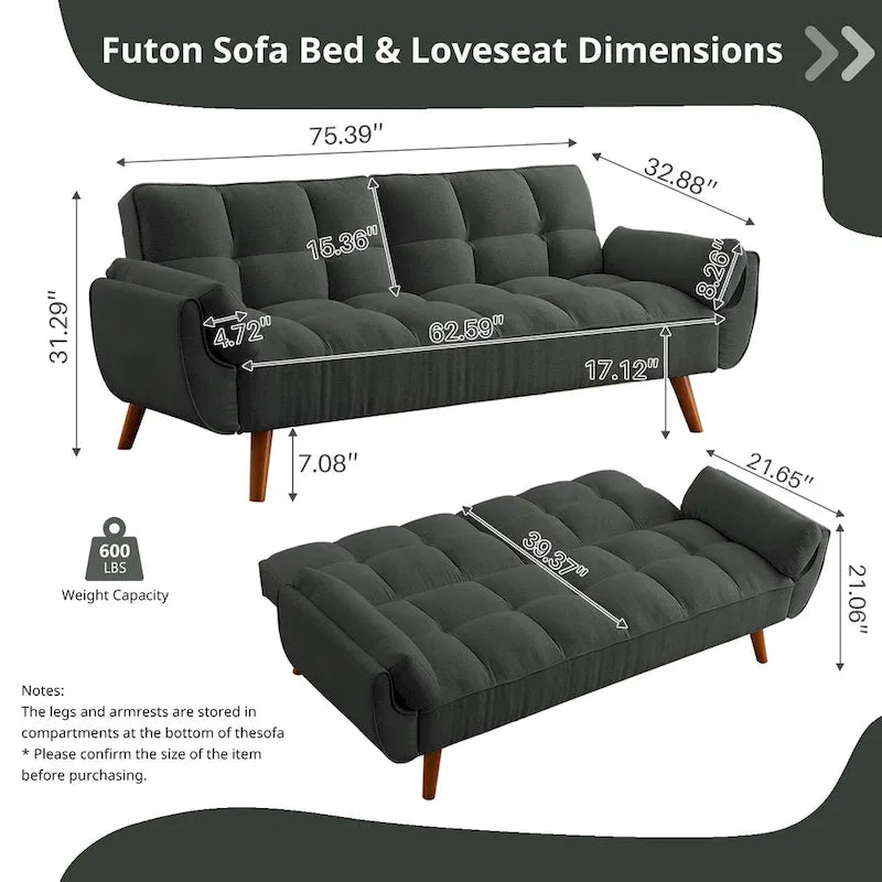 Canapé-Lit Futon 75.39 POUCES, Canapé-Lit Convertible Rembourré avec Dossier Inclinable Tufté et Divisé