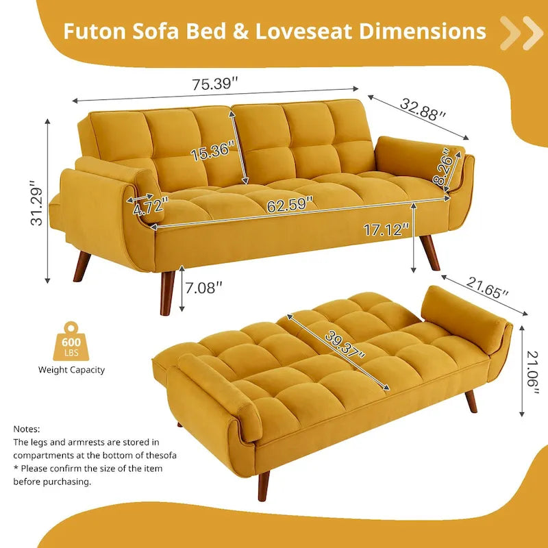 Canapé-Lit Futon 75.39 POUCES, Canapé-Lit Convertible Rembourré avec Dossier Inclinable Tufté et Divisé