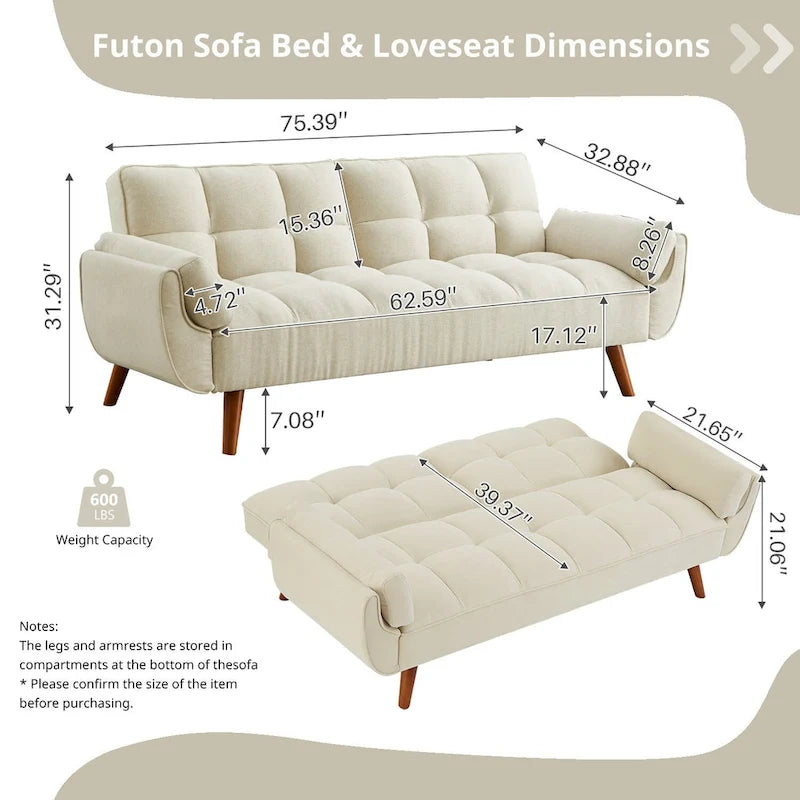 Canapé-Lit Futon 75.39 POUCES, Canapé-Lit Convertible Rembourré avec Dossier Inclinable Tufté et Divisé