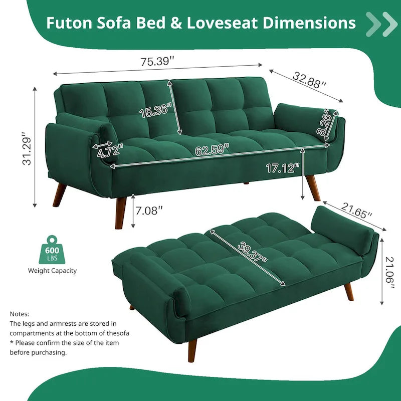 Canapé-Lit Futon 75.39 POUCES, Canapé-Lit Convertible Rembourré avec Dossier Inclinable Tufté et Divisé